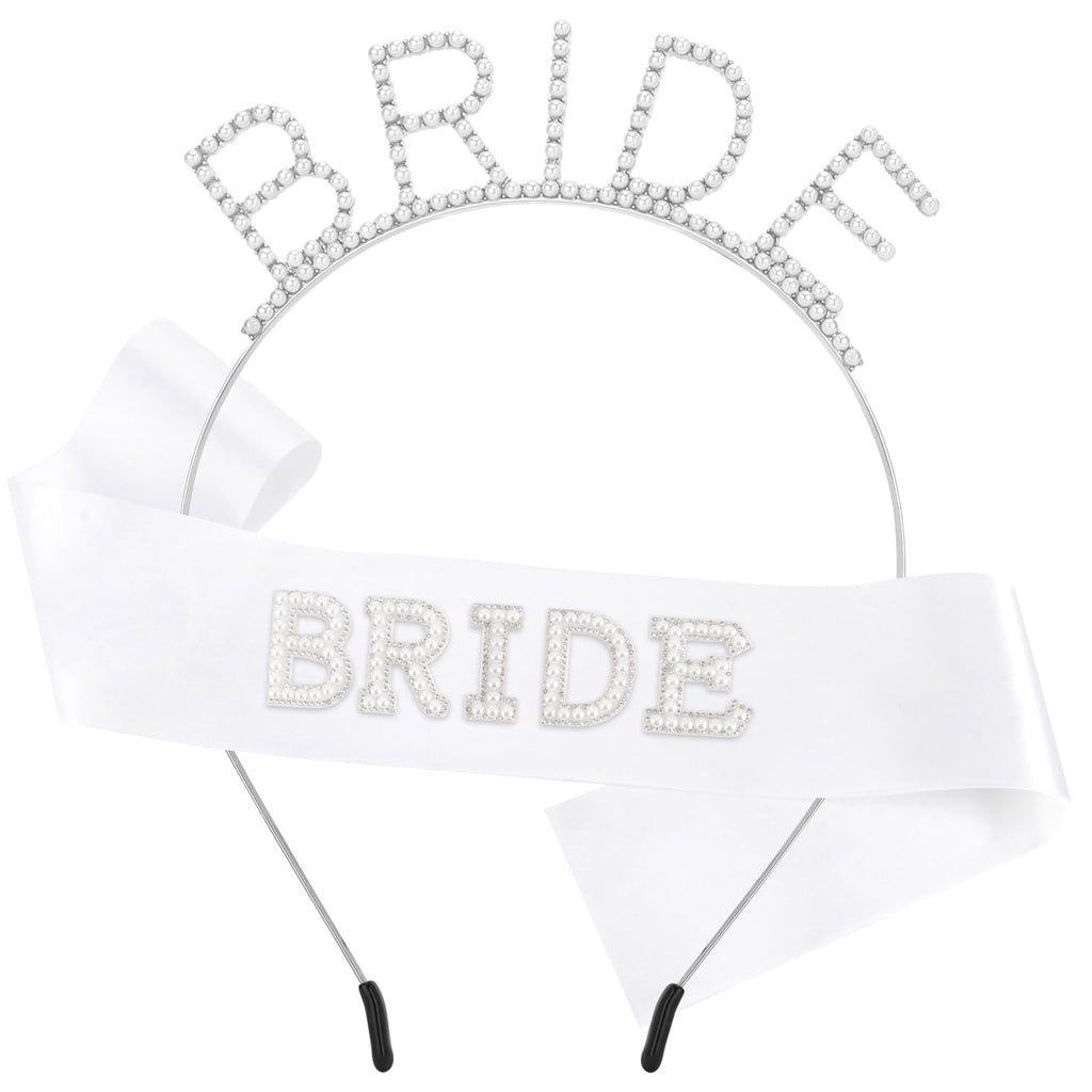 Atoden Bride Sash and Headband Bachelorette Party Decorations Bridal Shower Favors White Bride Crown Tiara Pearl Rhinestone Wedding Headpiece Hair Accessories Engagement Party Outfits Gifts