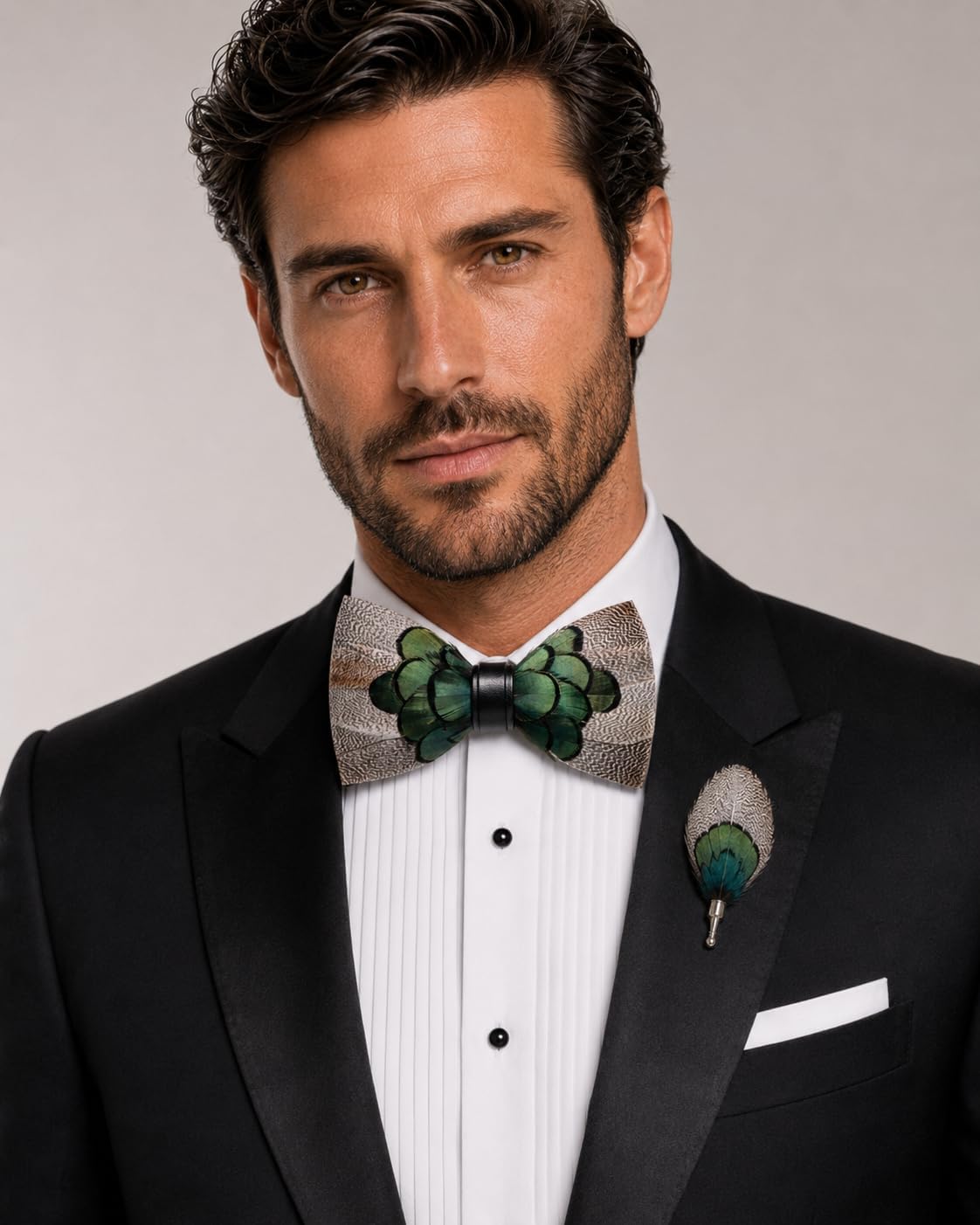 RBOCOTT Handmade Feather Pre-tied Bow tie and Brooch Sets for Men