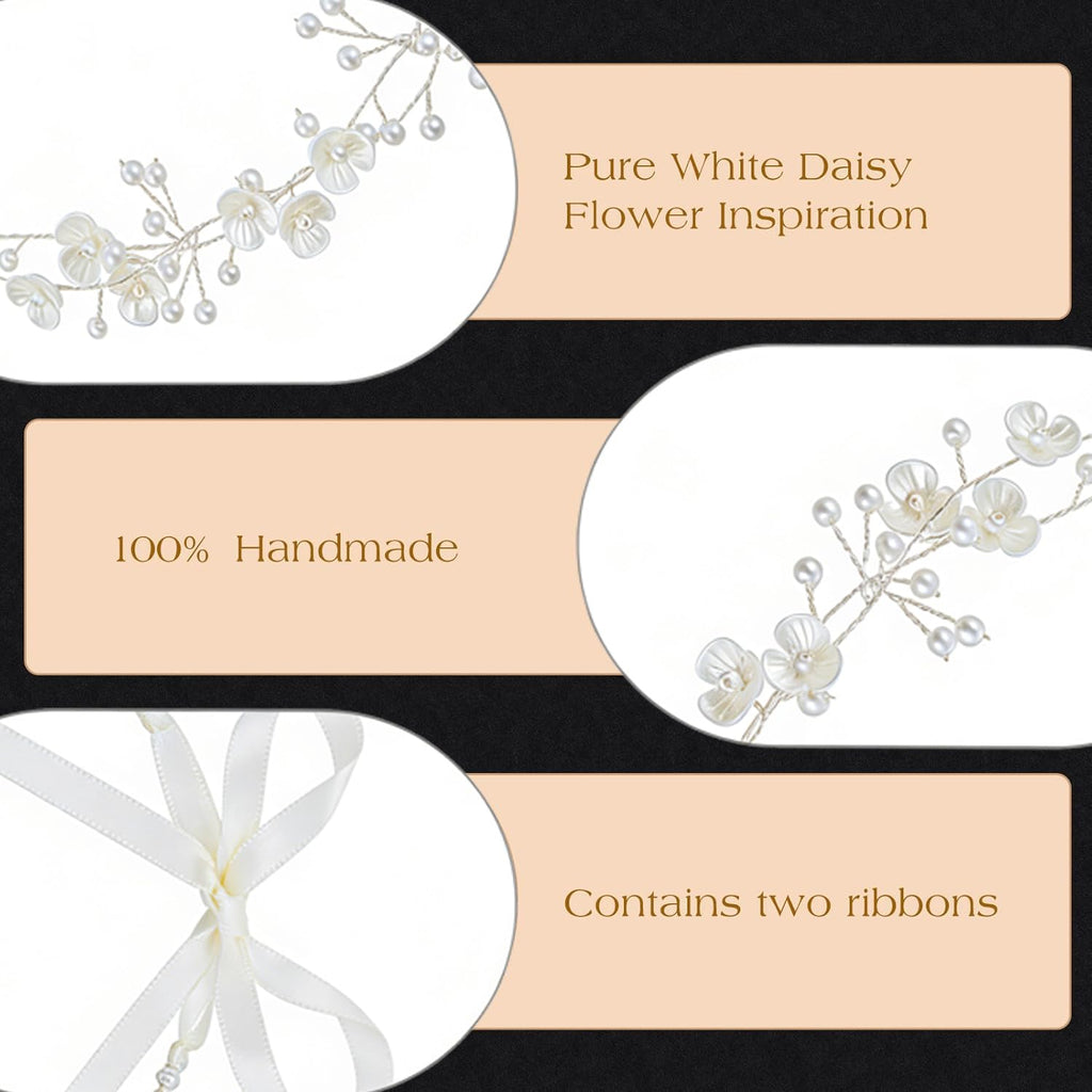 527&huan White Flowers Pearls Bridal Headband, Handmade Silver Wire Woven Wedding Hair Vine with Satin Ribbon, Lightweight Wedding Hair Accessory for Bride Flower Girl Bridesmaid Prom Pageant