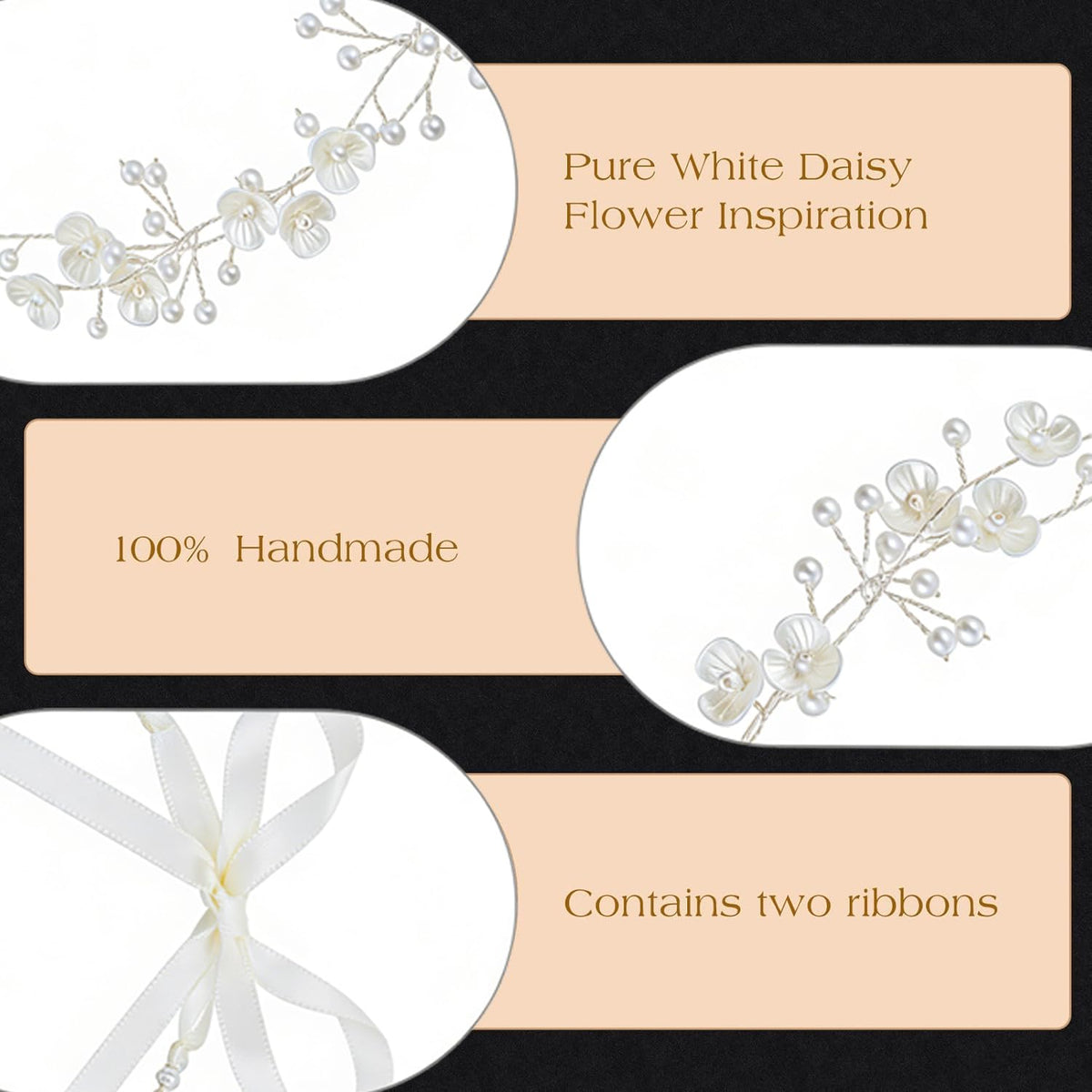 527&huan White Flowers Pearls Bridal Headband, Handmade Silver Wire Woven Wedding Hair Vine with Satin Ribbon, Lightweight Wedding Hair Accessory for Bride Flower Girl Bridesmaid Prom Pageant