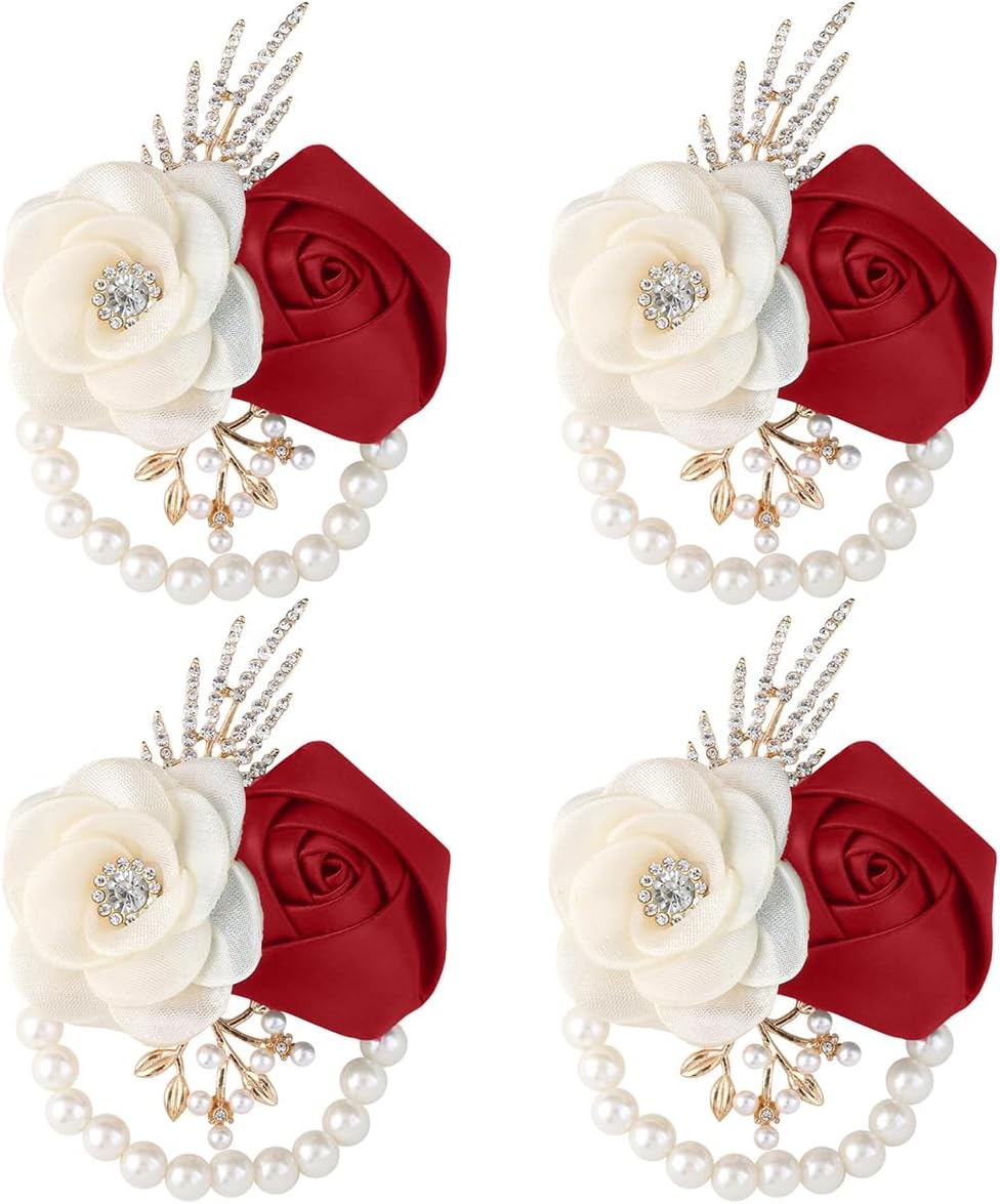 Bride Bridesmaids Rose Wrist Corsage Girls Ladies Accessories,Wrist Flower for Prom, Homecoming Dinner Parties, Weddings. (4, Ivory)