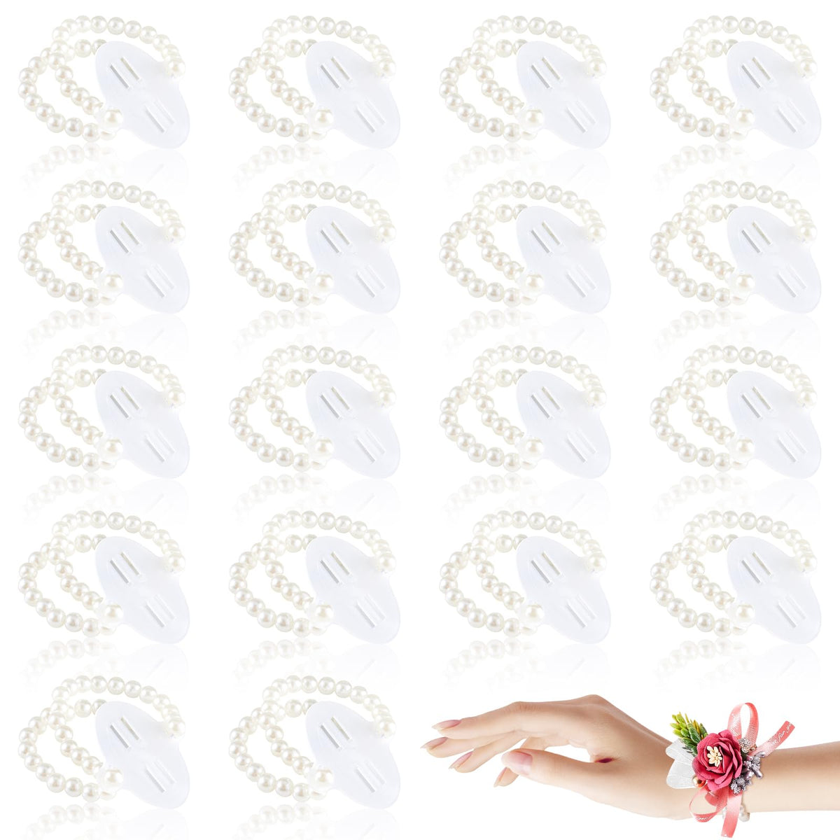 HIONXMGA Corsage Wristlet Band 4 Pcs Pearl Wrist Corsage Bracelets Bands