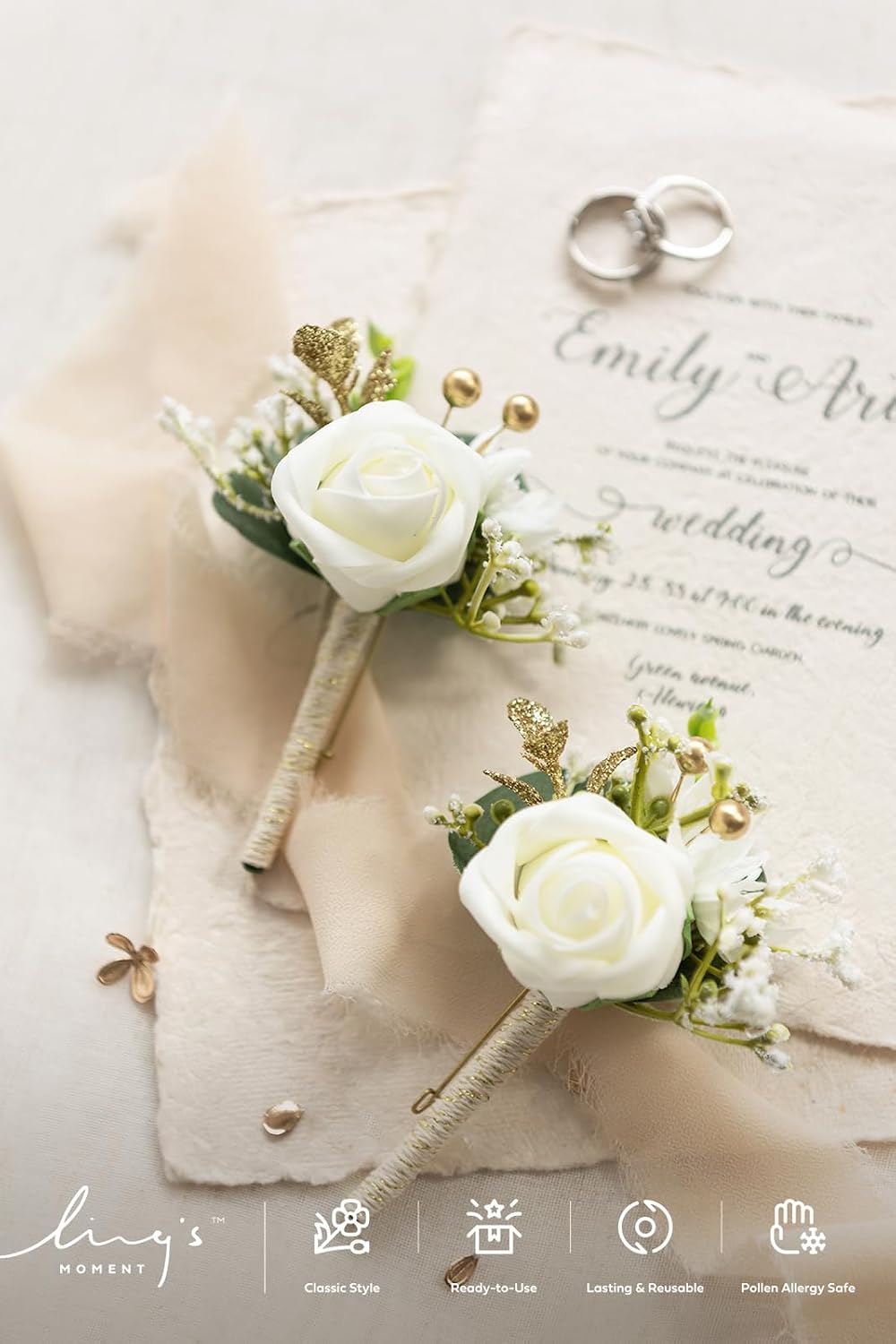Ling's moment Boutonniere for Men, 2pcs, White Ivory