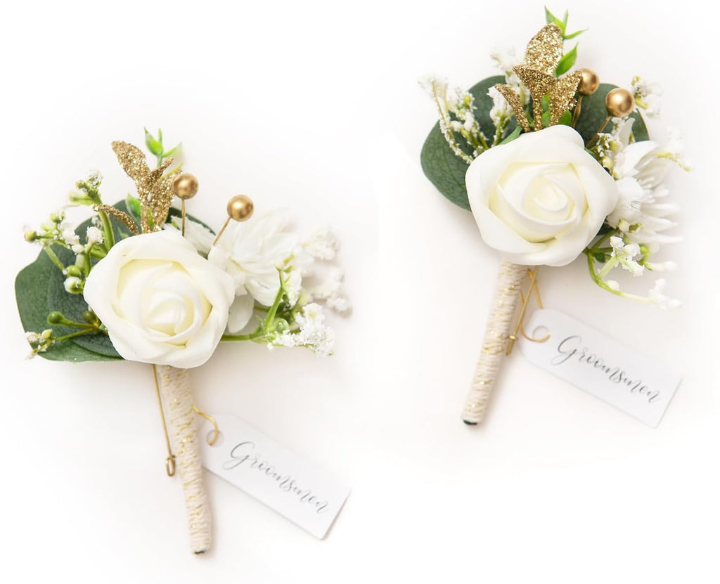 Ling's moment Boutonniere for Men, 2pcs, White Ivory
