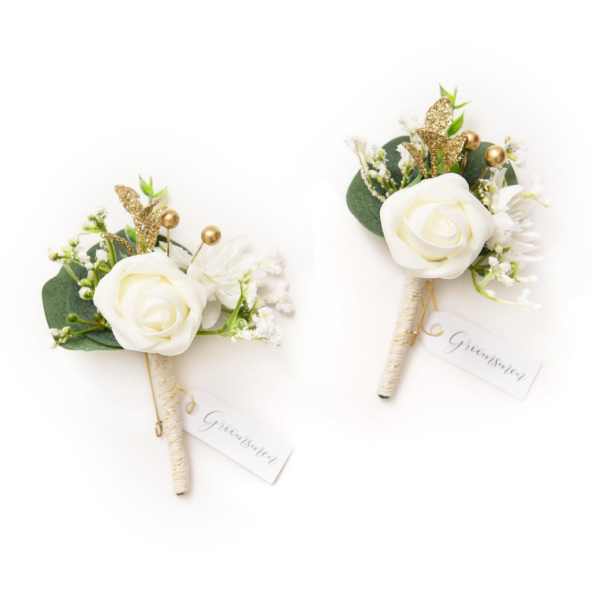 Ling's moment Boutonniere for Men, 2pcs, White Ivory