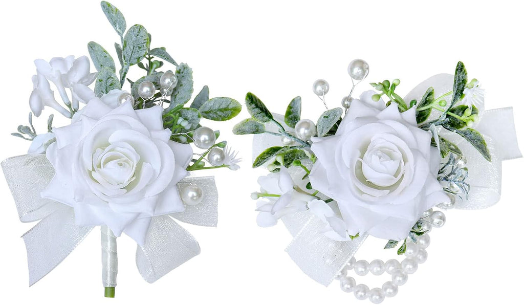 White Rose Wrist Corsages for Wedding Ceremony Anniversary, Wrist Corsages for Mother of Bride and Groom, Artificial Flowers Wrist Corsage for Bridesmaid Girl Party Prom