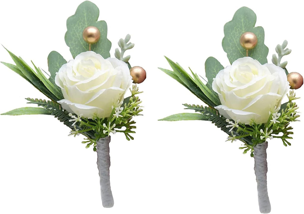 Jowxsx 2Pcs Roses Boutonniere for Men Wedding, Groom Groomsman Artificial White Rose Flowers with pins for Wedding Anniversary Celebration,Prom,Party,Home Decoration Artificial Flowers