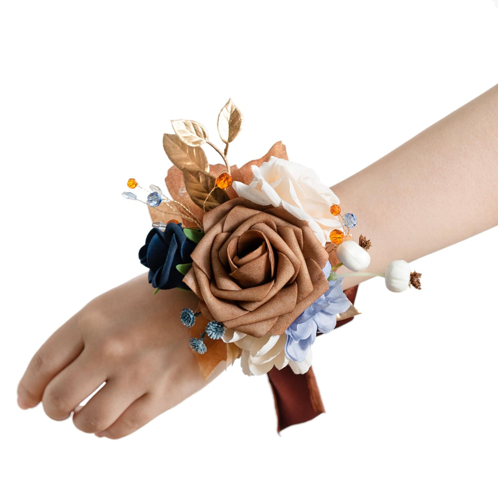 Ling's moment 6pcs Corsage Wristlet, Fall Wedding Decor, Teal Orange