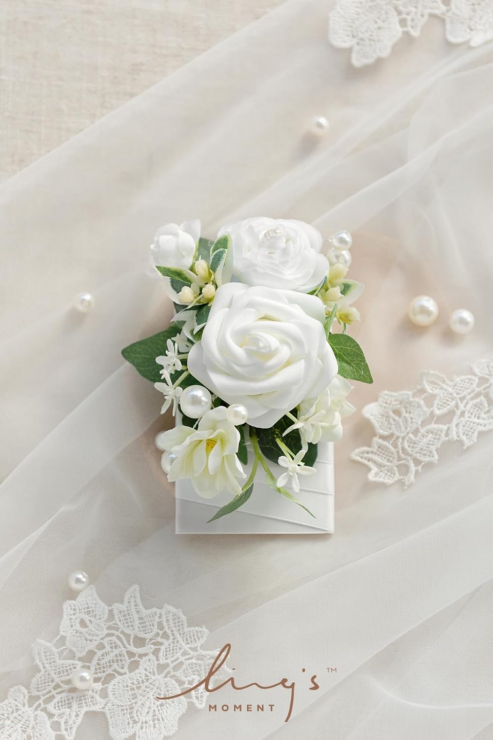 Ling's Moment Boutonniere for Men with Pin, White Ranunculus Ivory, 6"Wx5"H