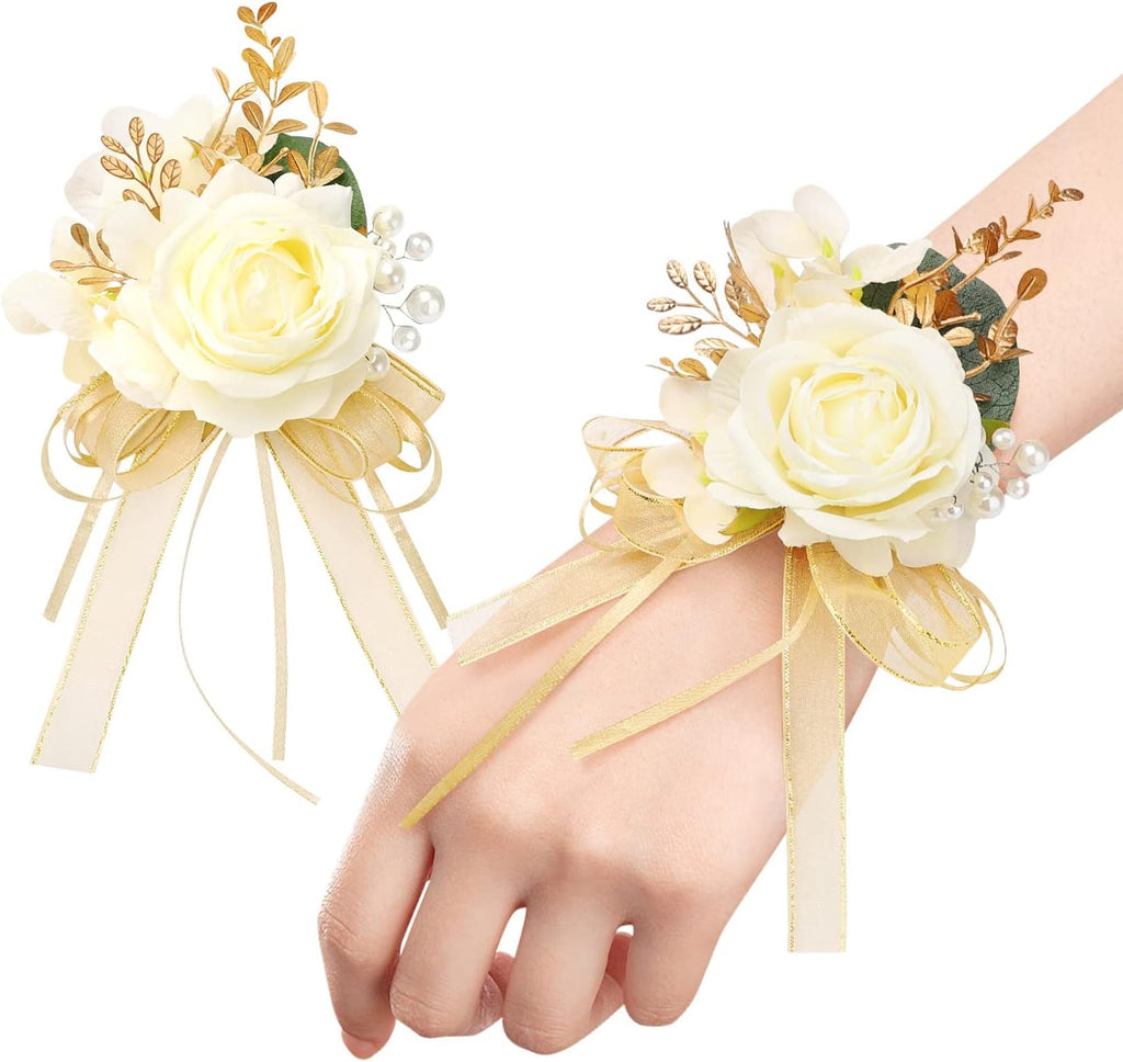 Rose Wrist Corsage and Boutonniere Set Artificial Corsage Wristlet Bracelet for Wedding Decorations Prom Ceremony Accessories (2pcs, Champagne)