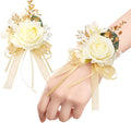 Rose Wrist Corsage and Boutonniere Set Artificial Corsage Wristlet Bracelet for Wedding Decorations Prom Ceremony Accessories (2pcs, Champagne)