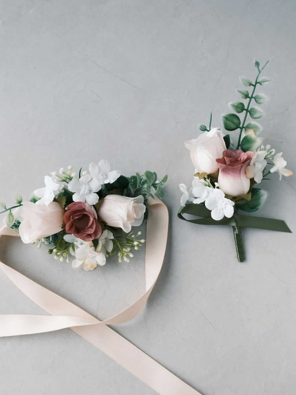 White Rose Wrist Corsage and Boutonniere Set with Ribbon Ties Wedding Prom Formal Accessories (White Style 3)