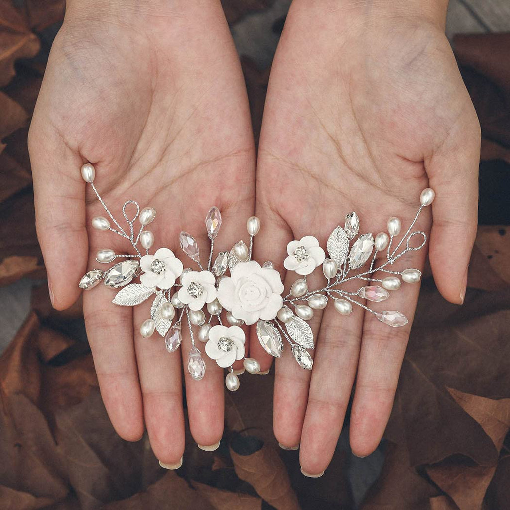GORAIS Flower Wedding Hair Vine Pearl Bridal Hair Pieces Crystal Hair Accessories for Bride and Women