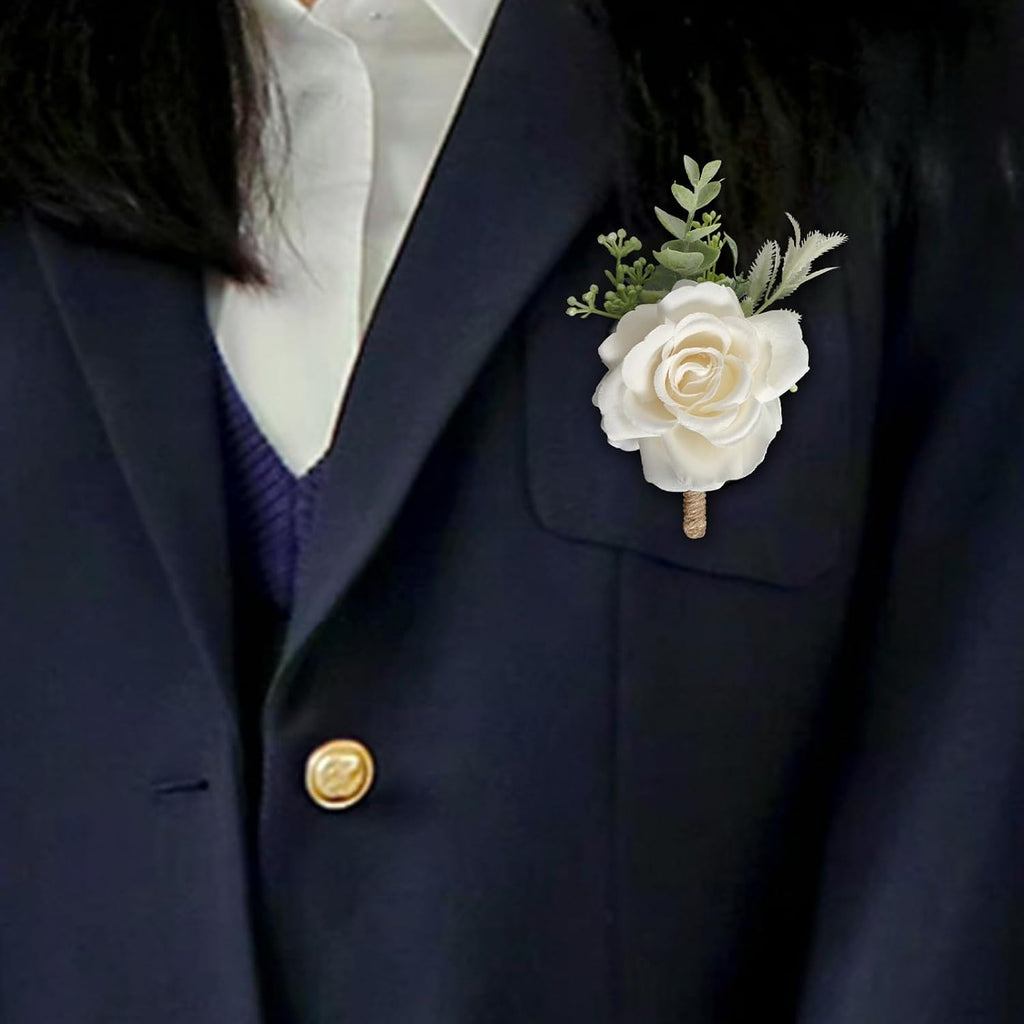 Gvhntk Ivory Rose Boutonniere for Men Wedding Set of 6 Groom Groomsmen Best Man Artificial Flowers Boutonniere for Wedding Ceremony Anniversary Prom Flowers Formal Dinner Party (6, White, Middle)