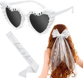 JoyChoi Bachelorette Party Accessories for Bride – 3-Piece Set with Heart Sunglasses, Sash & Pearl Bow Veil – Fun & Cute Bridal Shower Accessories, Engagement Favors & Wedding Gifts for Women