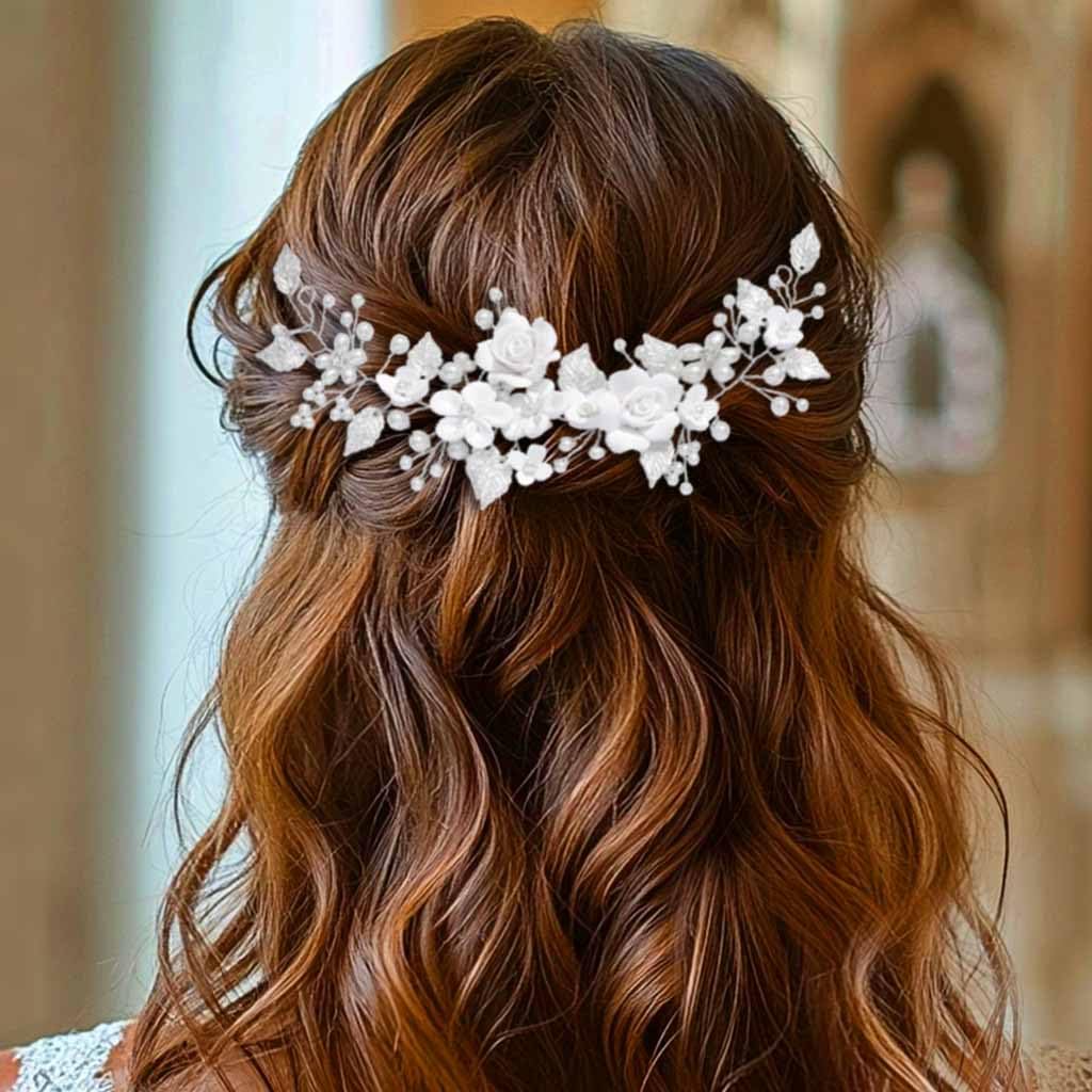 Unicra Flower Bride Wedding Hair Vine Pearl Bridal Hair Piece Leaf Hair Accessories Rhinestone Headband for Women (9inches) (Silver)