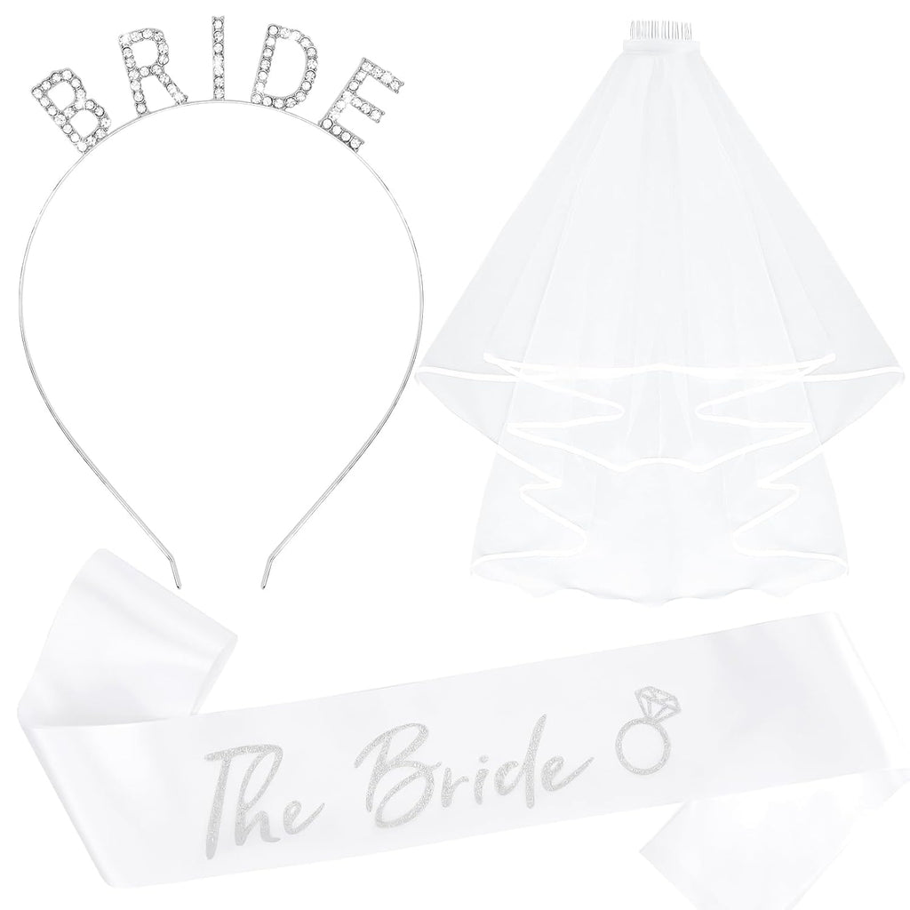 KICOSY Bride Headband and Sash Veil for Bachelorette Party Tiara Veil for Wedding Bridal Shower Hairband With Veil Bridal Sash Wedding Headpiece for Bride