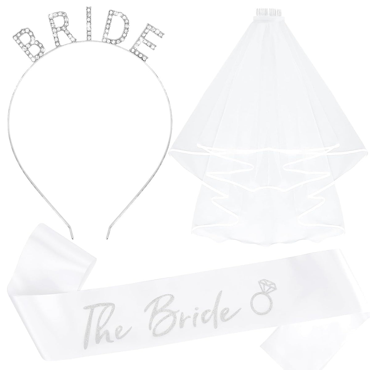 KICOSY Bride Headband and Sash Veil for Bachelorette Party Tiara Veil for Wedding Bridal Shower Hairband With Veil Bridal Sash Wedding Headpiece for Bride