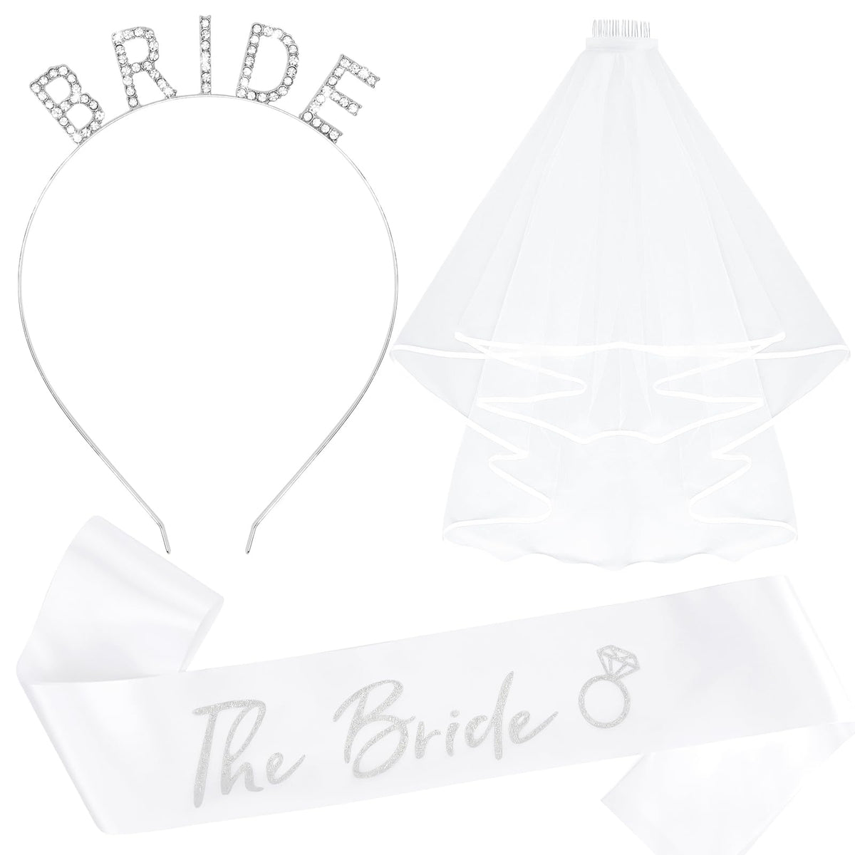 KICOSY Bride Headband and Sash Veil for Bachelorette Party Tiara Veil for Wedding Bridal Shower Hairband With Veil Bridal Sash Wedding Headpiece for Bride