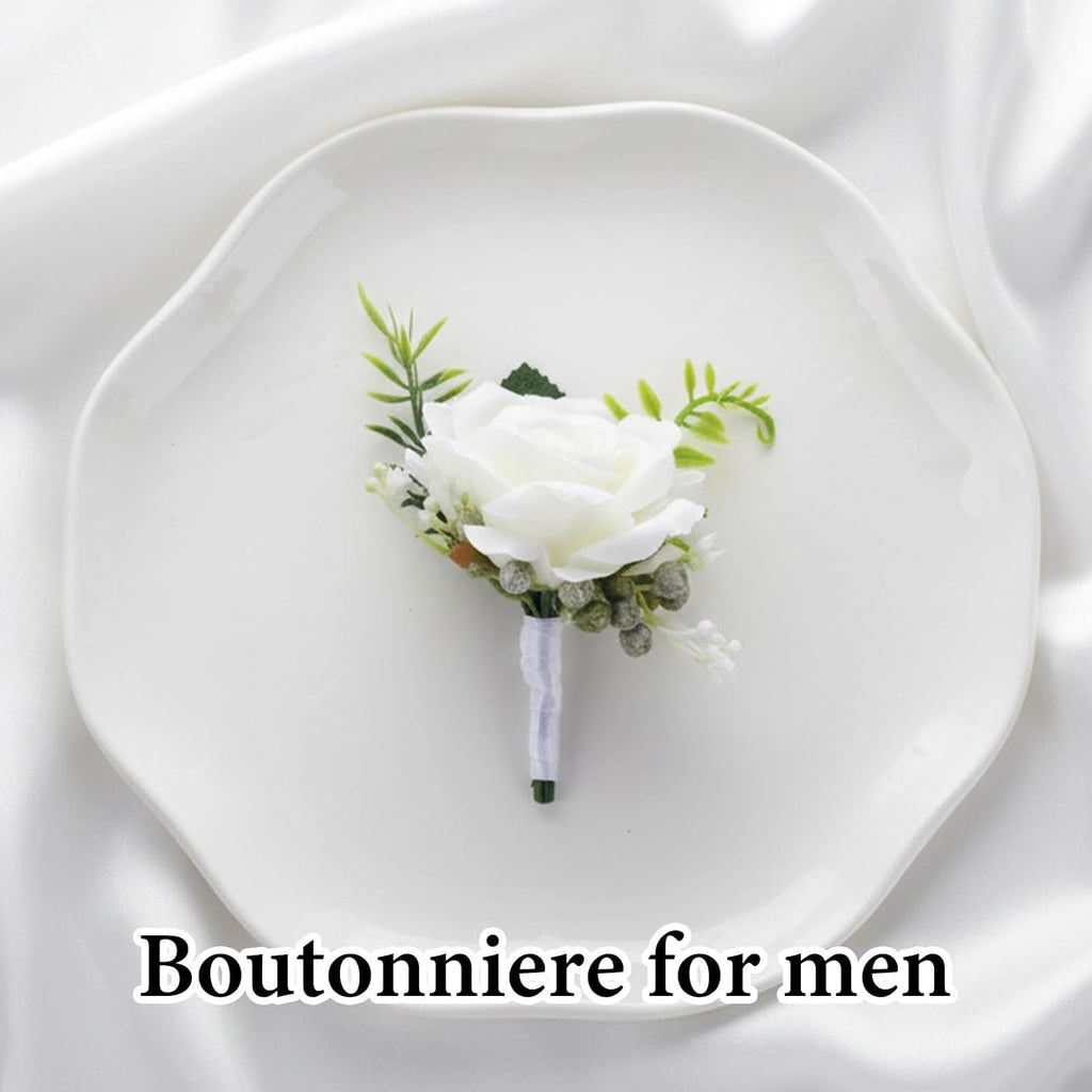 White Boutonniere for Men, Rose Groom Flower Buttonholes, Mens Boutonniere for Weddings Prom, Grooms Prom Party Suit Decoration Wedding Ceremony Anniversary Party Homecoming
