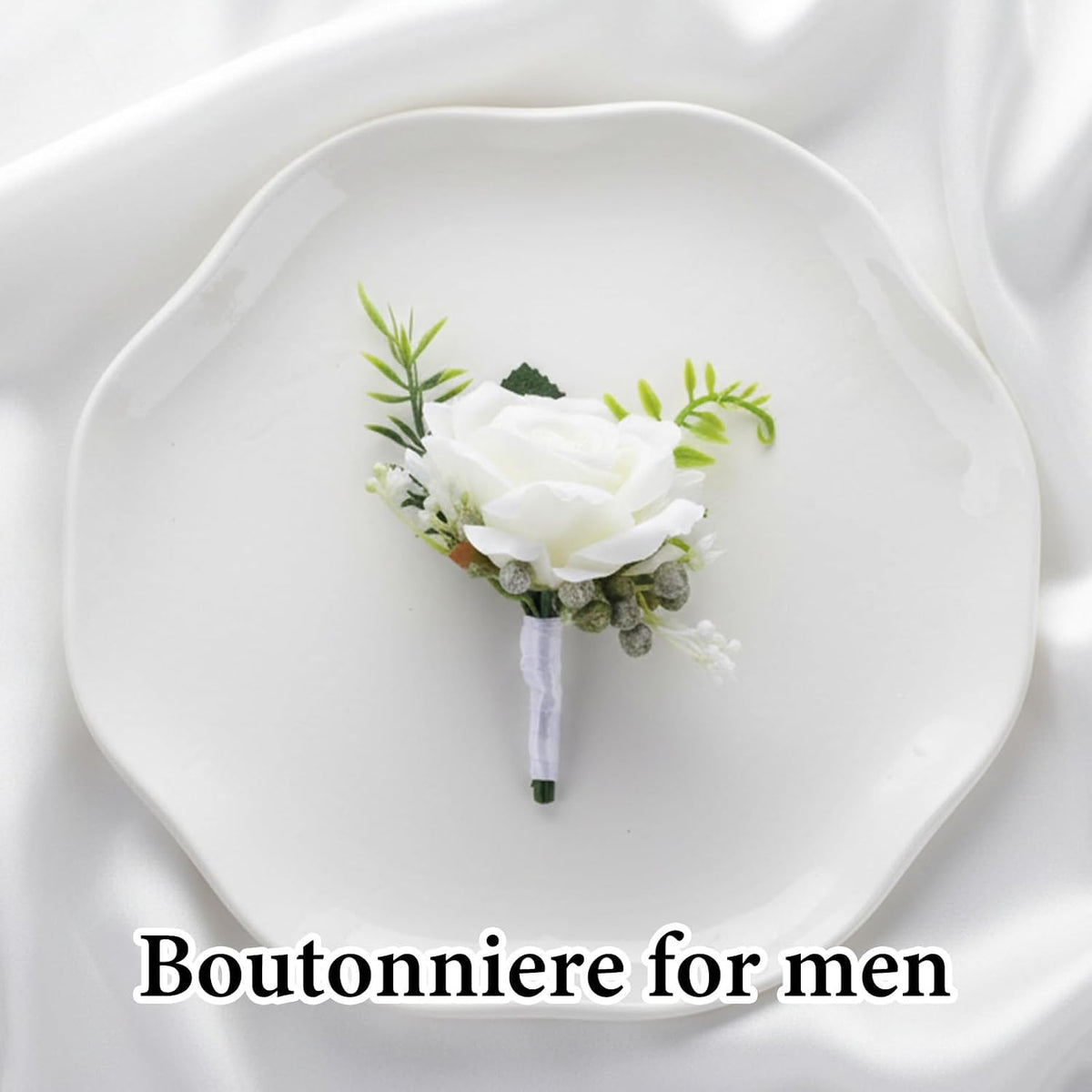 White Boutonniere for Men, Rose Groom Flower Buttonholes, Mens Boutonniere for Weddings Prom, Grooms Prom Party Suit Decoration Wedding Ceremony Anniversary Party Homecoming
