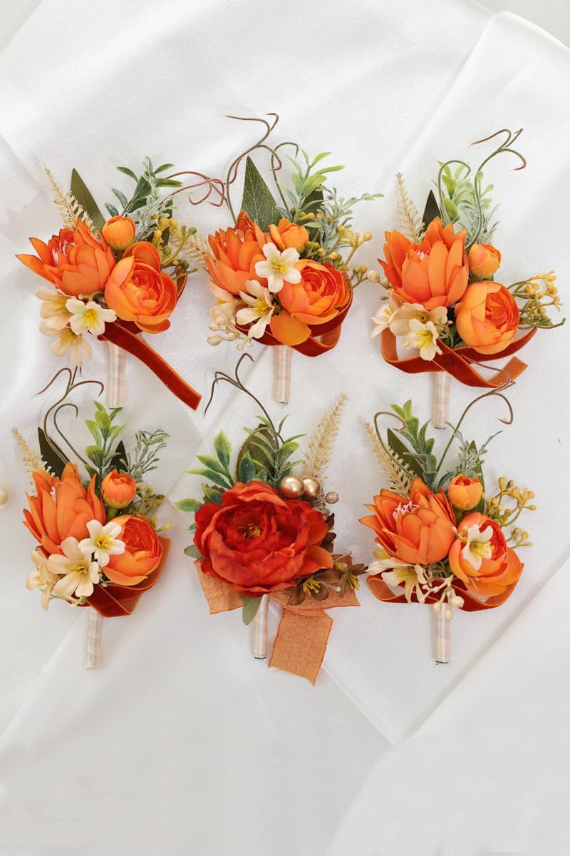 Autumn Caramel Orange Wedding Corsage Set, 6 Pieces, Groom's Boutonniere, Best Man's, Guest Corsages
