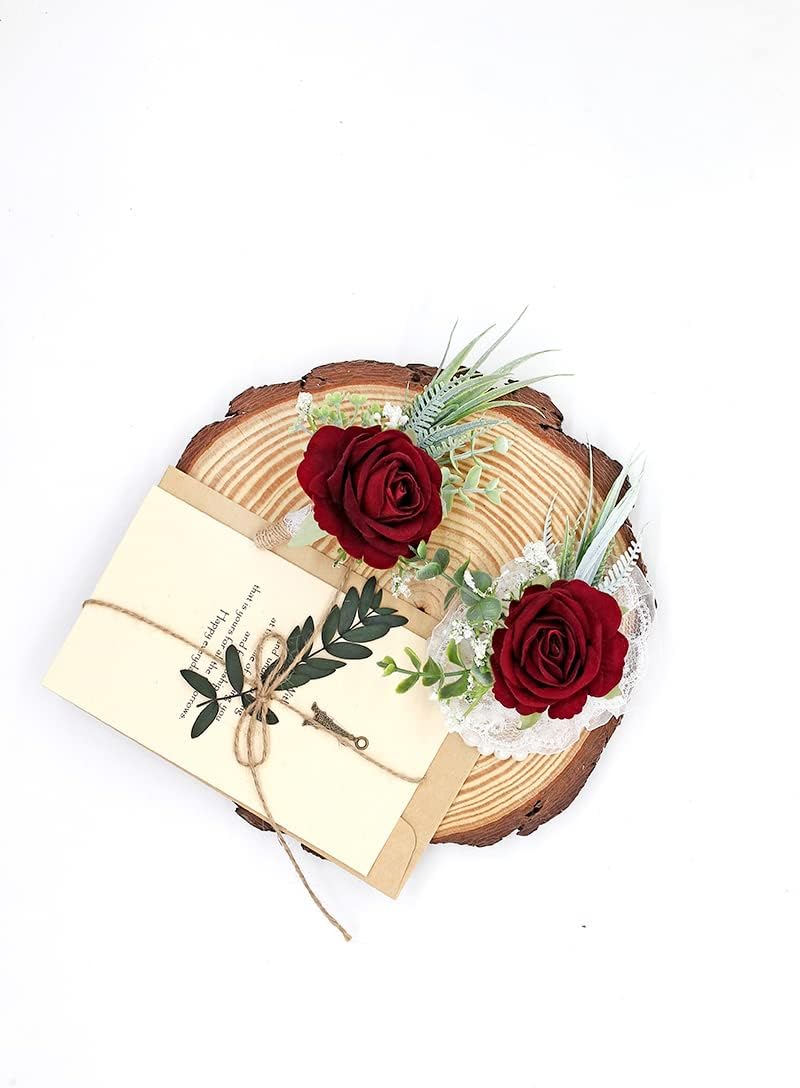 Ansofi Burgundy Corsage and Boutonniere for Men Set, Wine Red
