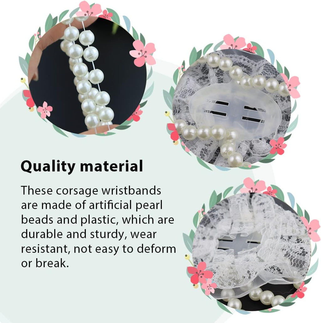 LEEFONE Pack of 10 Elastic Pearl Wrist Corsage Bands Wristlets DIY Wrist Corsages Accessories for Bride Flowers Prom Beach Party Supplies (White Lace)