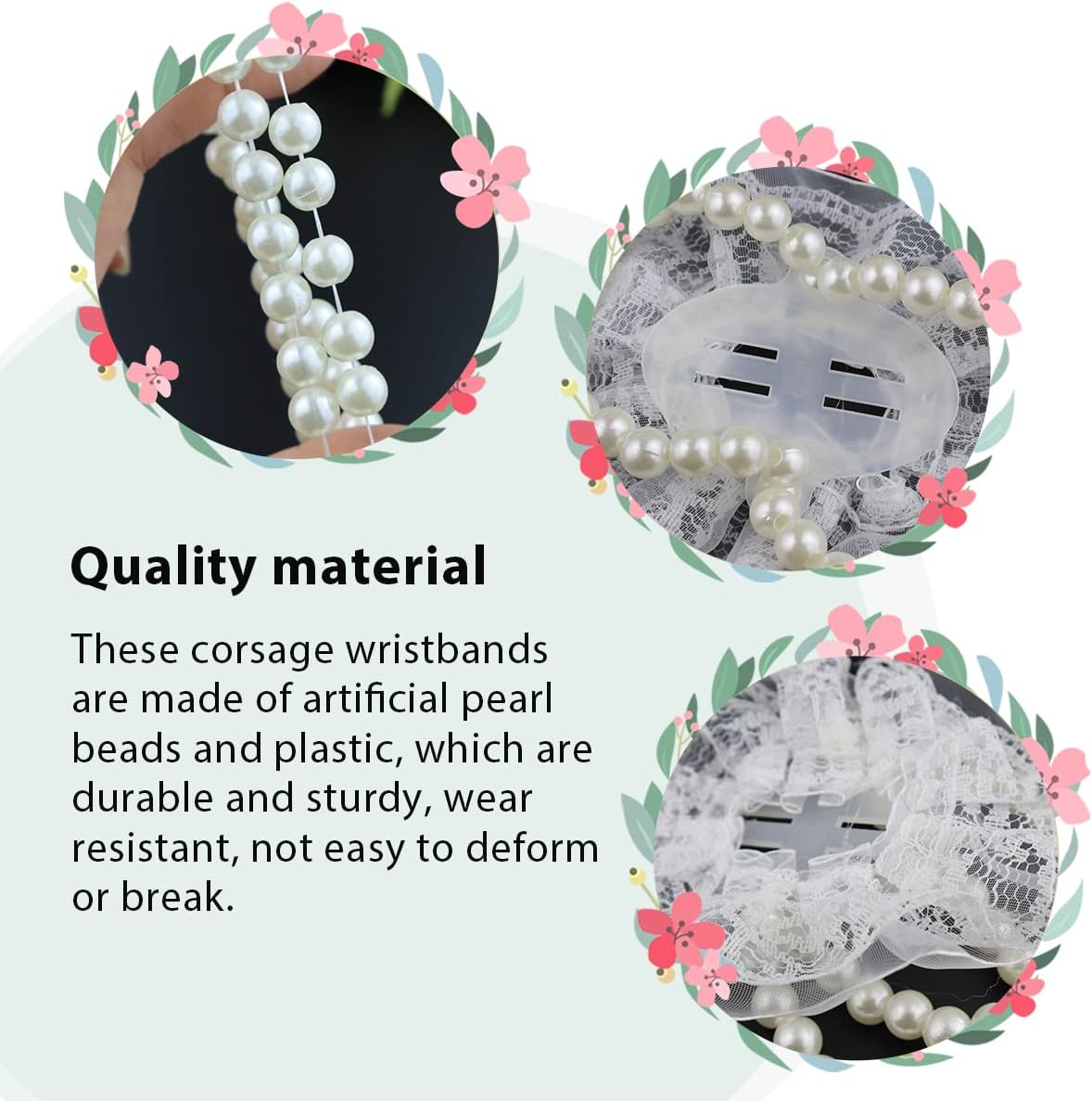 LEEFONE Pack of 10 Elastic Pearl Wrist Corsage Bands Wristlets DIY Wrist Corsages Accessories for Bride Flowers Prom Beach Party Supplies (White Lace)