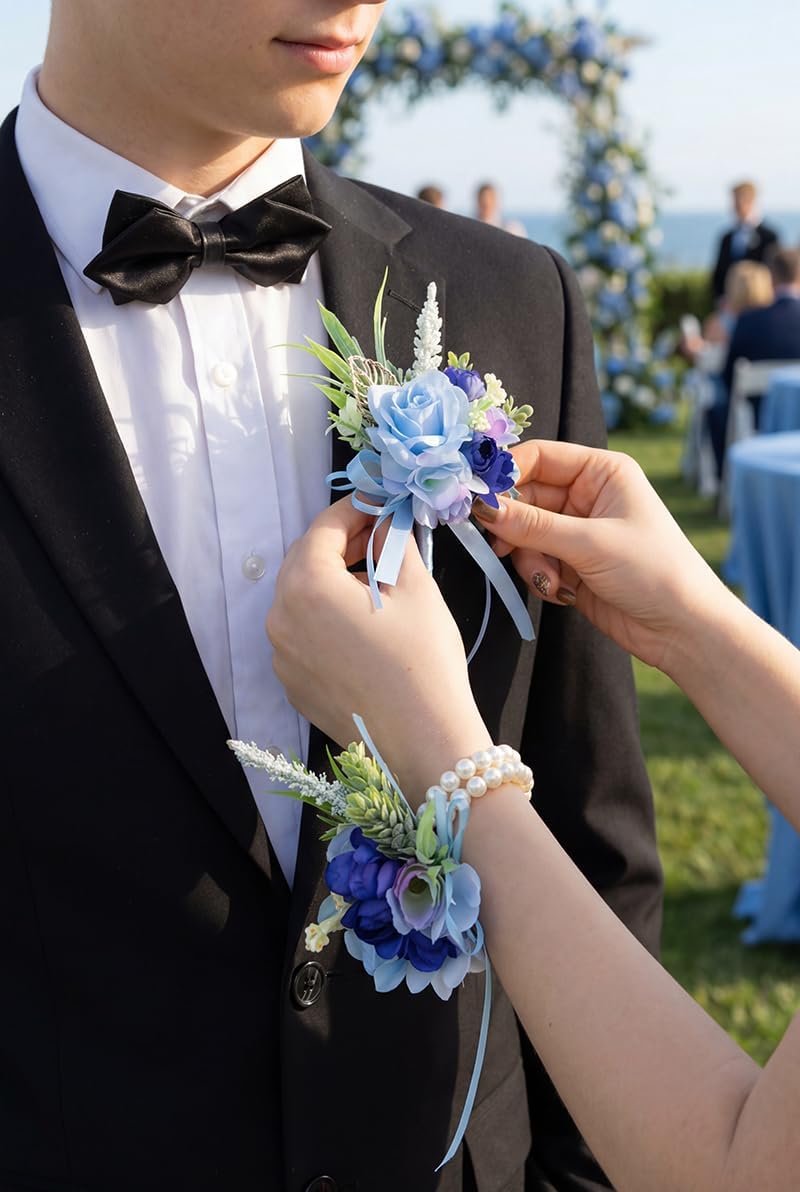 2Pcs Blue Wrist Corsage and Boutonniere Set for Prom Wedding