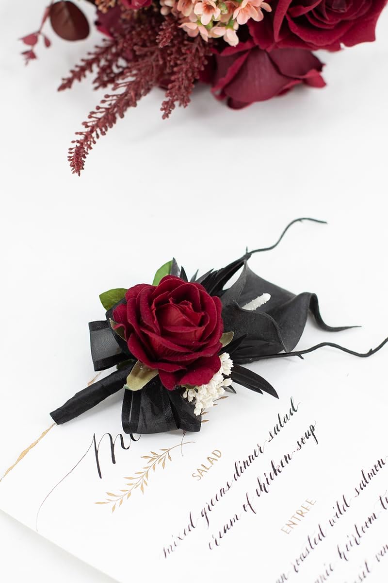 Black Burgundy Corsage and Boutonniere Set for Wedding Prom