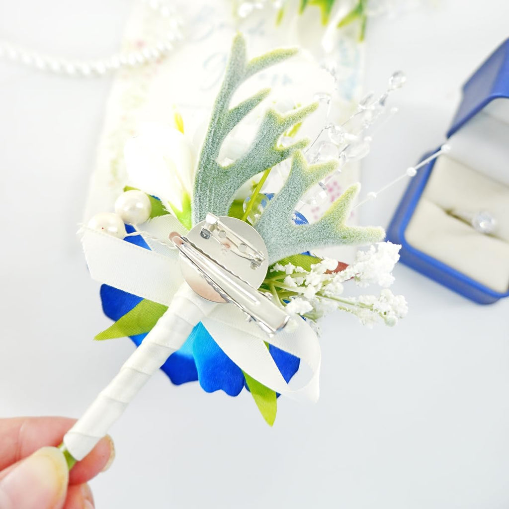 1Pc Royal Blue & White Boutonniere for Men Wedding Prom Suit Flower
