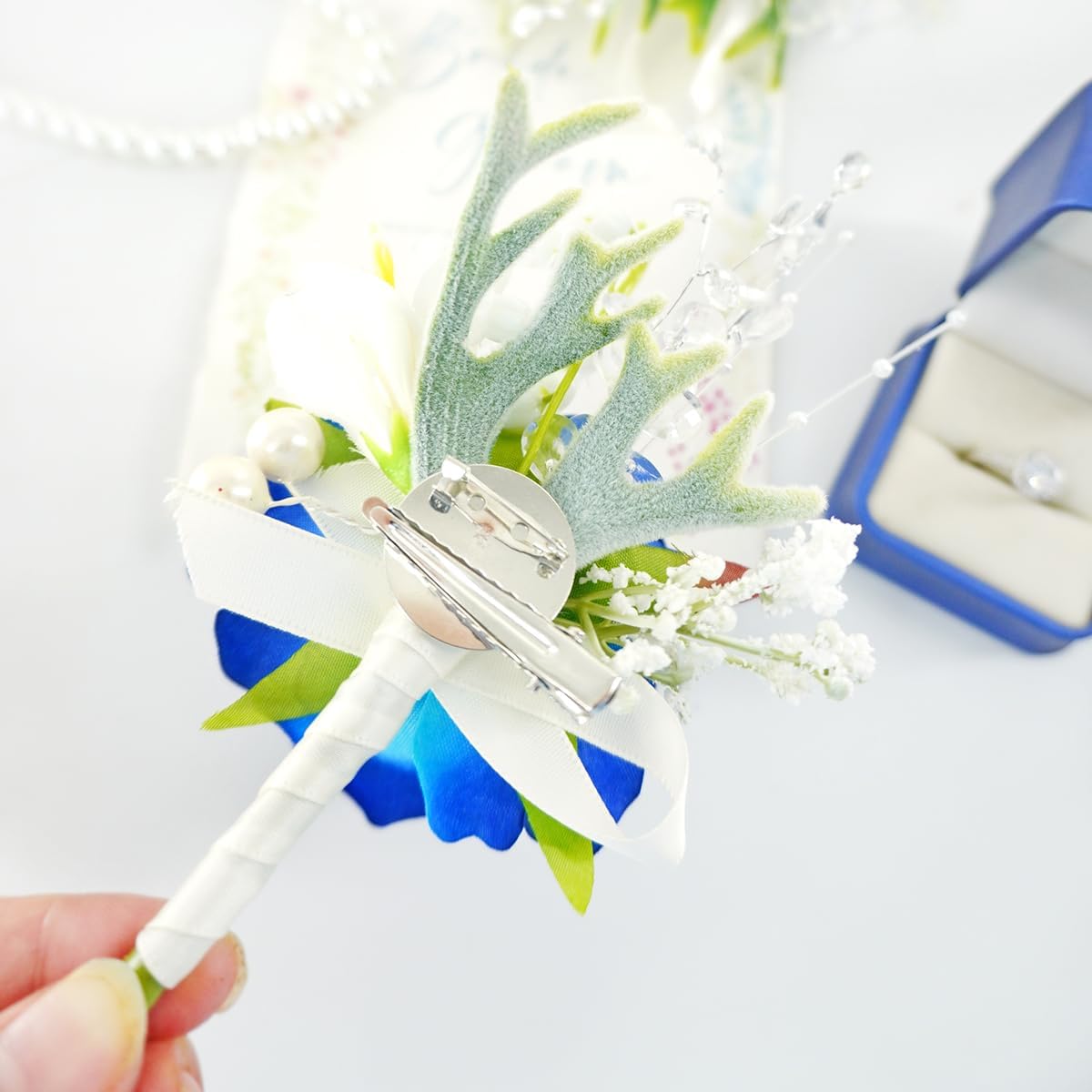 1Pc Royal Blue & White Boutonniere for Men Wedding Prom Suit Flower