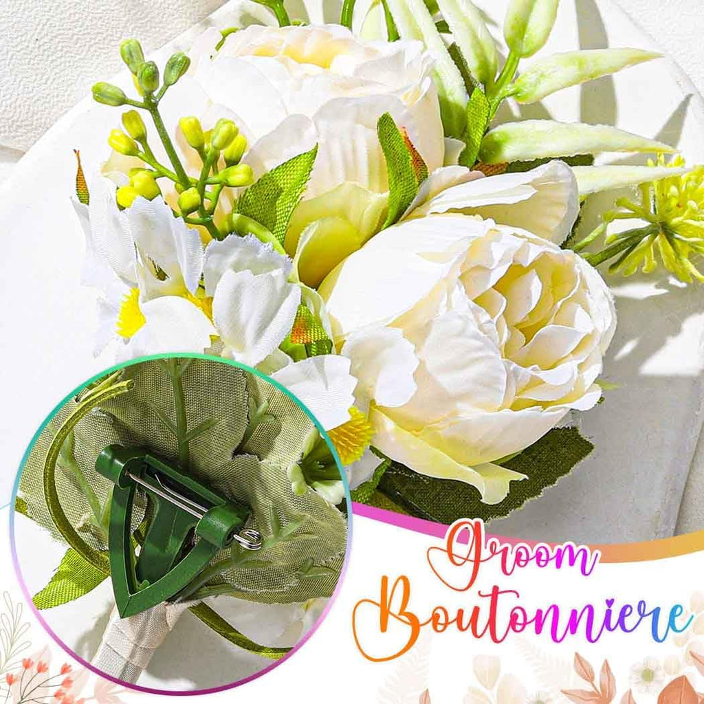 Wedding Rose Boutonniere Groom Flower Buttonholes Prom Suit Decoration for Men (White)