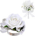2Pcs White Rose Corsage and Boutonniere Set, Corsage Wristlet Band for Prom Decorations, Artificial Boutonniere for Men Wedding Party Suit Flower Accessories