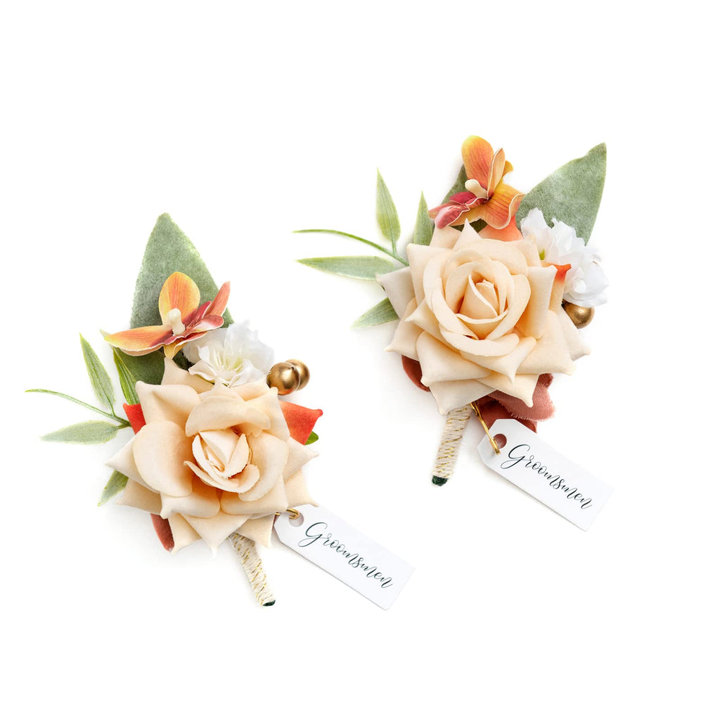 Ling's moment Boutonniere for Men, 2pcs, White Ivory