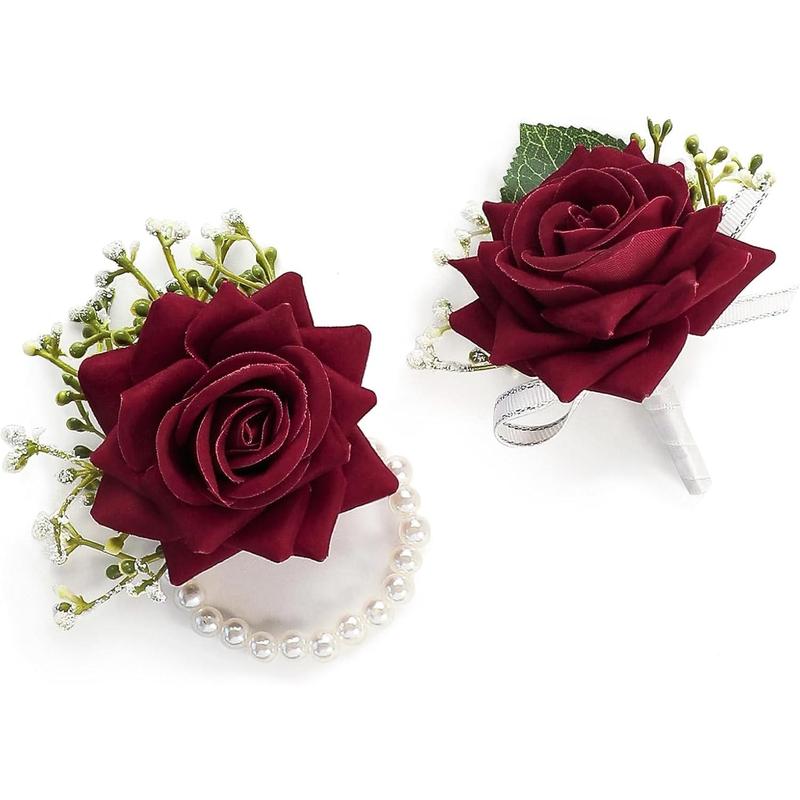 Rustic Chic Wedding Wrist Corsage & Boutonniere Set - Ivory Silk Rose, Adjustable Pearl Bracelet, Handcrafted Pearl Accents, Formal Outdoor Unisex for Wedding Prom, 1 Corsage & 1 Boutonniere, Beach