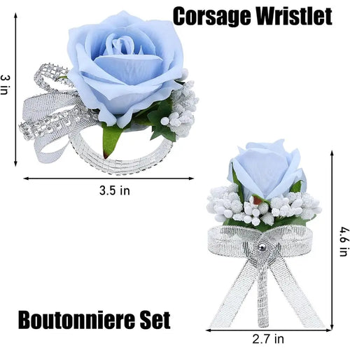 2Pcs Light Blue Rose Corsage and Boutonniere Set, Artificial Wrist Corsage Wristlet Bracelets, Men Boutonniere for Wedding Party Homecoming Formal Dinner Flowers Accessories Prom Suit Decor