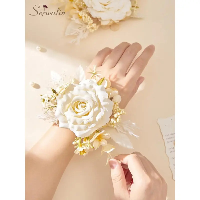 Wedding 2Pcs Pre-Made Ready-to-Use Corsage & Boutonniere Set - Pastel Soft Classic Silk Champagne Rose Wristlet Corsage, Pocket Boutonniere for Bridal Shower, Prom