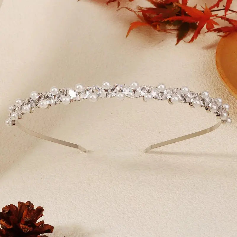 Silver Rhinestone Hair Crown with Ivory Pearl Vintage Crystal Bridal Wedding Tiara Bride Headpiece Crowns Mom-Daughter Headband