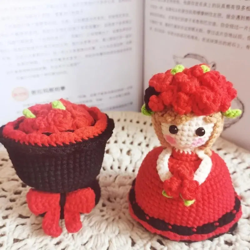 Handmade Crochet Cross-Dressing Bride Doll Knitted Finished Flower Bouquet Decoration Girls Birthday Gift Knitting Supplies