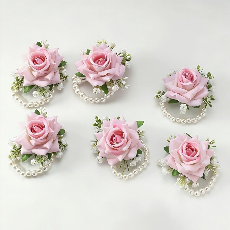 6Pcs Elegant Fabric Rose Wrist Corsage Set, Artificial Floral Wrist Accessories for Vintage Wedding Bridal Party Prom, Reusable Formal Ceremony Outfit Decor Supplies