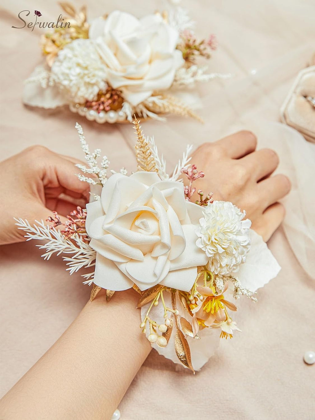 Serwalin 2Pcs Champagne Wrist Corsage Wristlet for Wedding Prom, 6-7Inch