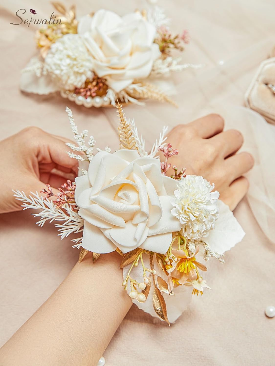Serwalin 2Pcs Champagne Wrist Corsage Wristlet for Wedding Prom, 6-7Inch