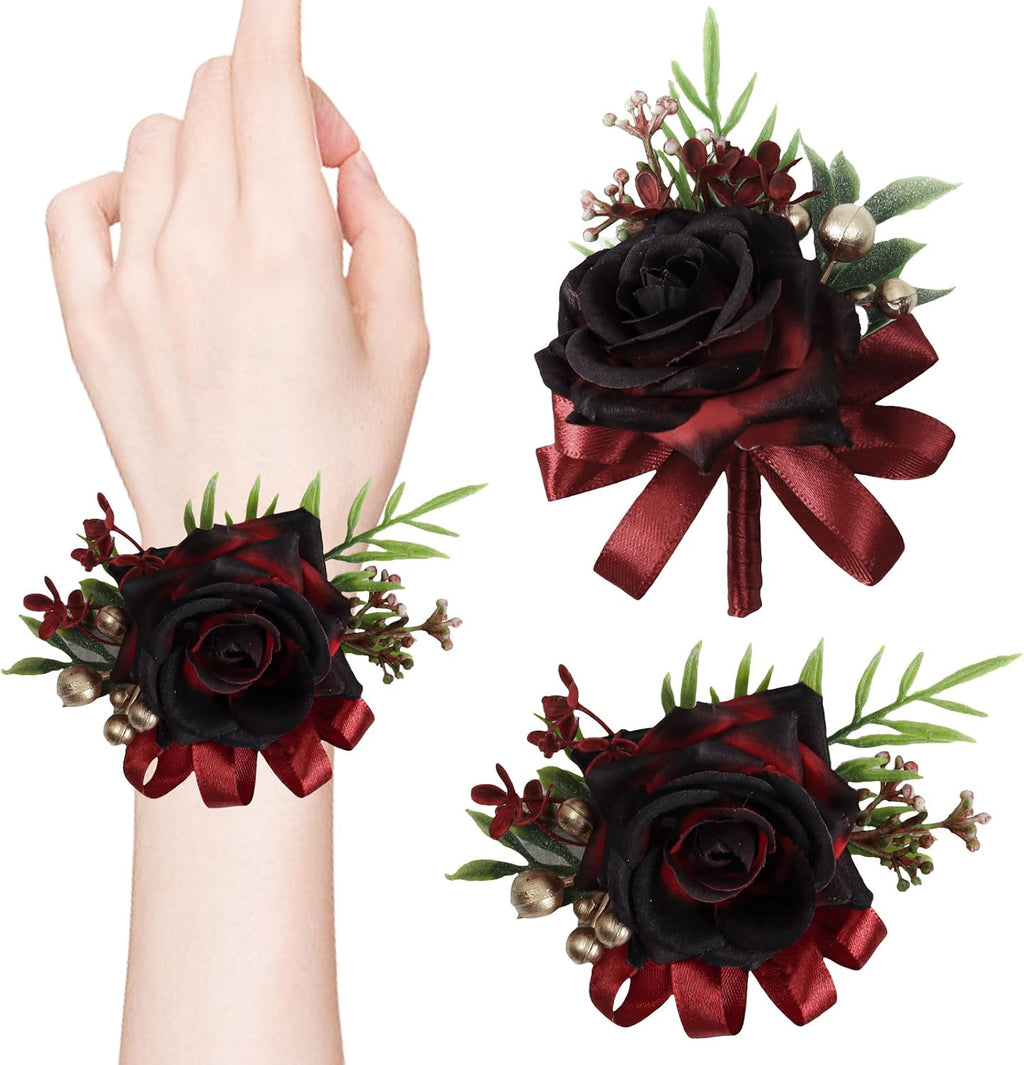 2 Pcs Wine Red Rose Corsage and Boutonniere Set for Wedding