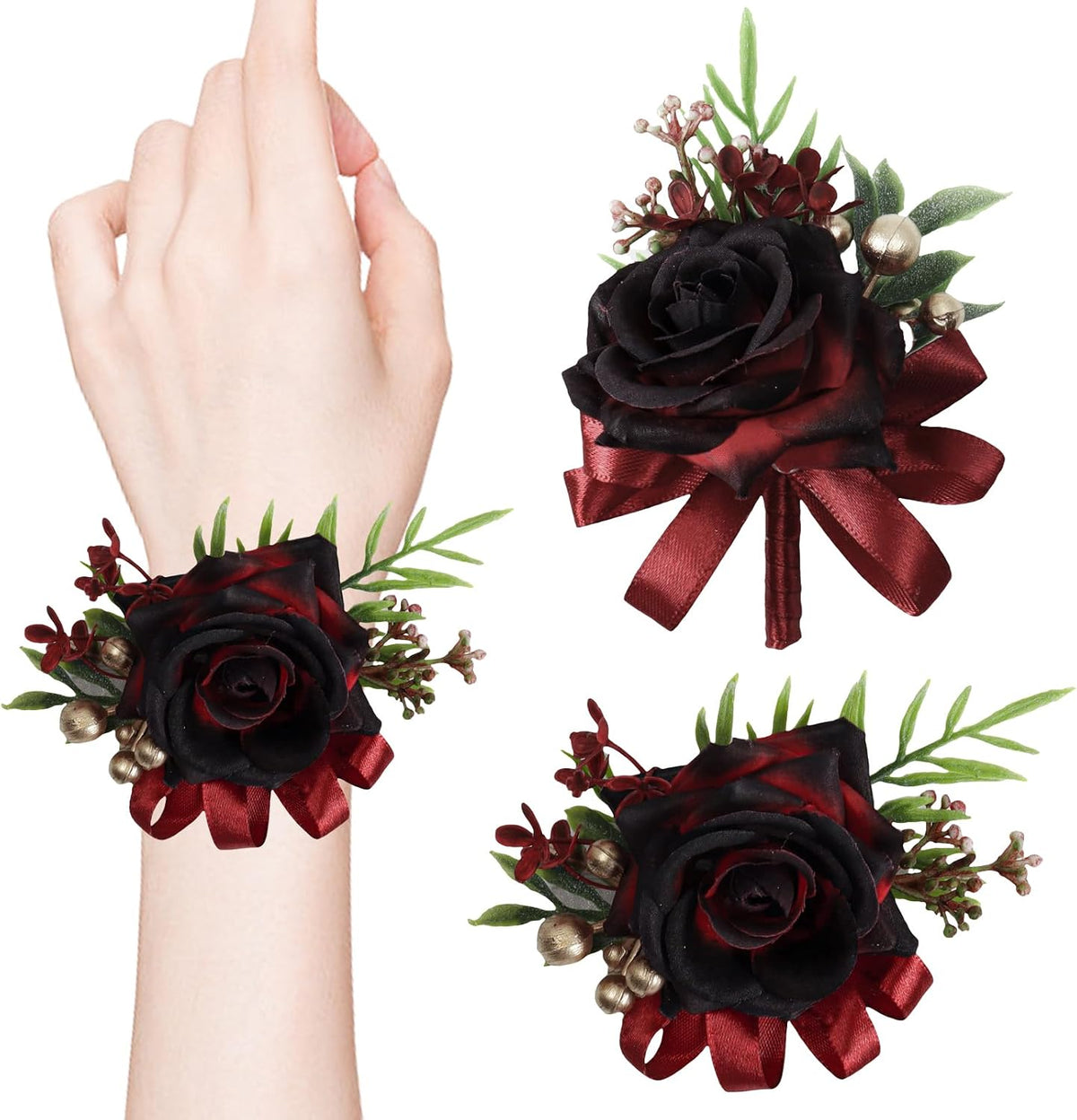 2 Pcs Wine Red Rose Corsage and Boutonniere Set for Wedding