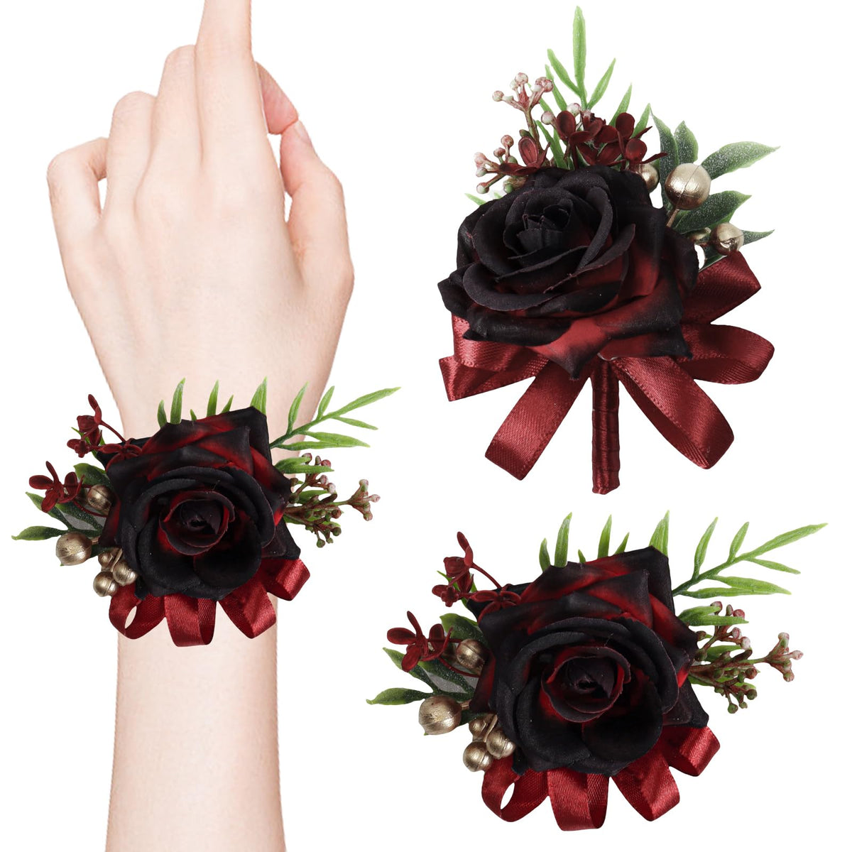 2 Pcs Wine Red Rose Corsage and Boutonniere Set for Wedding