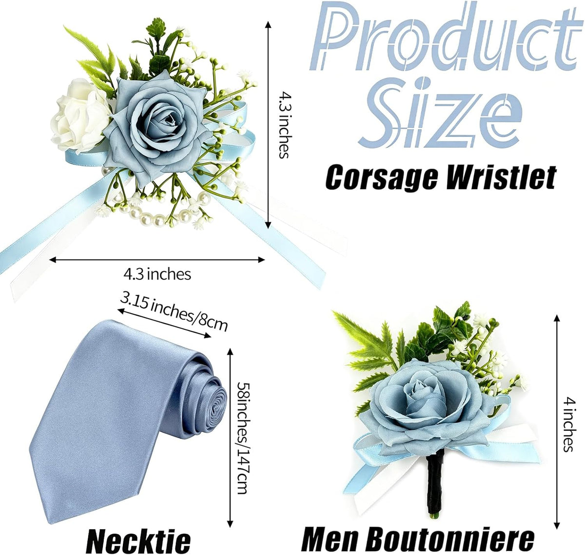 YIXAXKAO Prom Corsage and Boutonniere Set Prom Wrist Corsage and Boutonniere Artificial Rose Flowers Accessories Corsage Wristlet Band Bracelet with Solid Color Ties for Prom 2026 Decor (Light Blue)