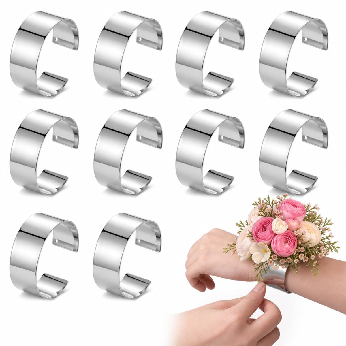 Liliaafar Gold 10 Pcs Corsage Wristlet Bracelet Bands for Women Cuff Bangle Bracelet Wrist Corsage DIY Wedding Wristband Wide Open Adjustable for Wedding Bridal Party Prom (0.98",Narrow Cuff)