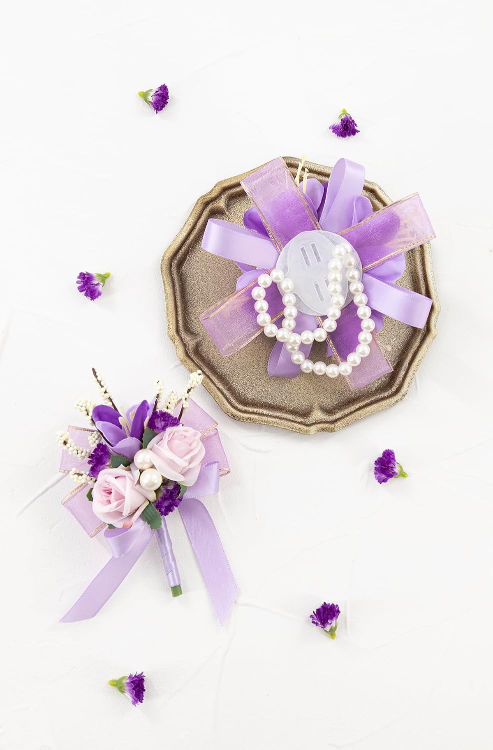Purple Lilac Corsage and Boutonniere Set Prom Wrist Corsage Flower
